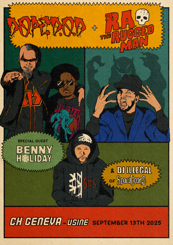 K-Productions Poster de type comics avec un dessin de Dope D.O.D, R.A. The Rugged Man et Benny Holiday, avec la mention de la date de l'événement : le 13 septembre 2025.