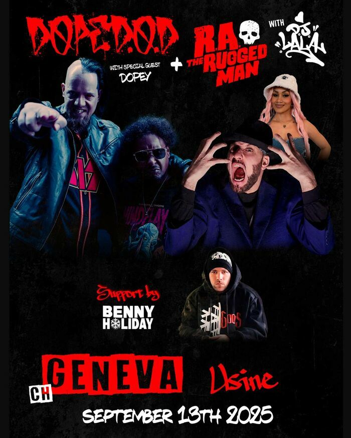 K-Productions Poster de type comics avec un dessin de Dope D.O.D, R.A. The Rugged Man et Benny Holiday, avec la mention de la date de l'événement : le 13 septembre 2025.