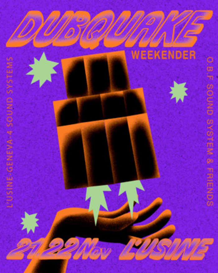 OBD Sound System Affiche dubquake weekender 2025, texte orange sur fond violet avec le dessin d'une main sous une fusée constituée par un sound system.