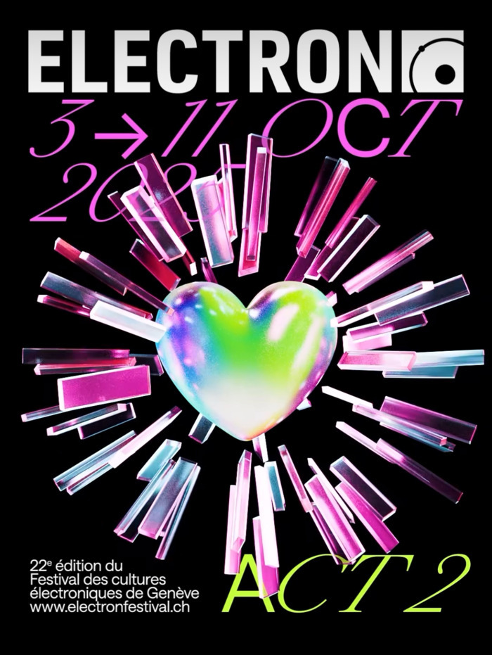 DR C'est une affiche noire du Festival Electron à Genève, qui aura lieu du 3 au 11 octobre 2025. L'affiche laisse paraitre une ambiance futuriste et festive.
Au centre, un cœur brillant vert et violet entouré de rayons rectangulaires roses et bleus.
Textes blancs, roses et verts annonçant la 22ᵉ édition et le site web.