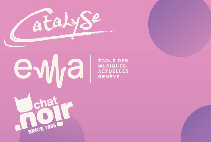 une illustration rose avec le logo de Catalyse, de l' eMa et du Chat Noir.