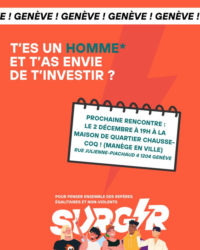 Image invitant à participer à une réunion des bénévoles pour le programme MasculinitéS de la Fondation Surgir le 2 décembre 2026 à la maison de quartier Chausse-Coq. Les bénévoles doivent être des hommes se reconnaissant comme tel ou socialisés comme tel.