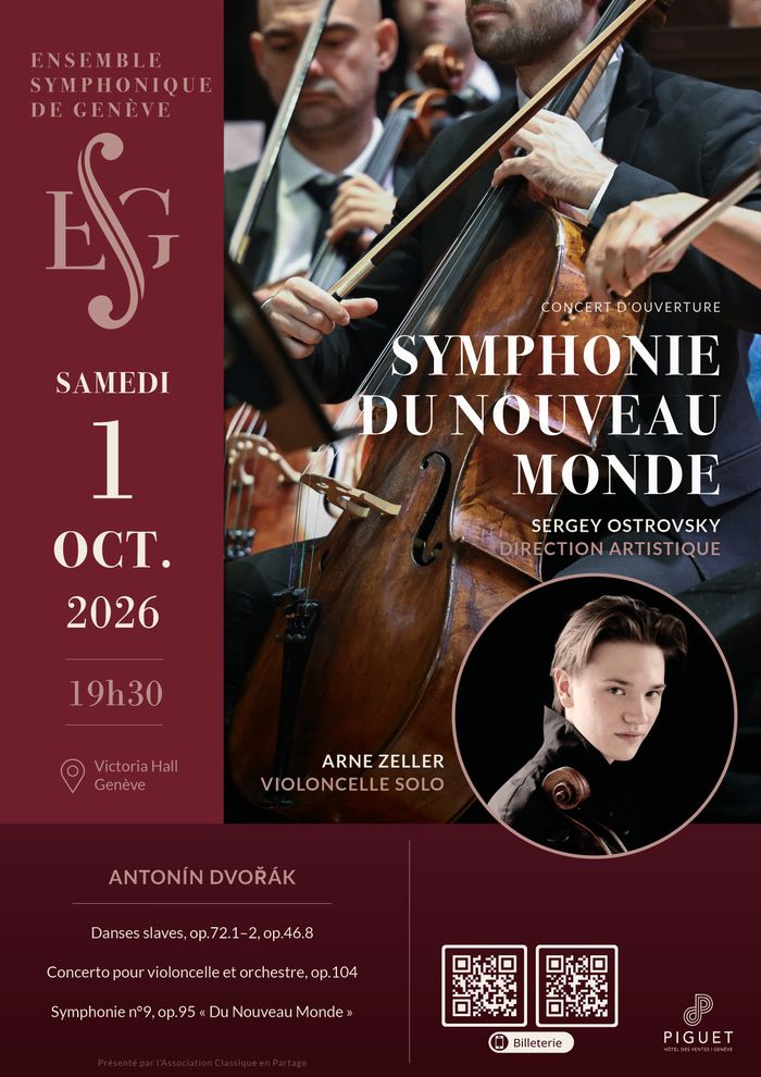 Affiche de concert: les pupitres des violoncelles de l’Ensemble Symphonique de Genève jouent avec passion, le jeune soliste de 19 ans Arne Zeller pose dans un encadré. Il est inscrit que le concert a lieu le 1er octobre à 19h30 au Victoria Hall, autour d’un programme dédié à Antonín Dvořák, notamment la «Symphonie du Nouveau Monde», les «Danses slaves» et le «Concerto pour violoncelle et orchestre» op. 104