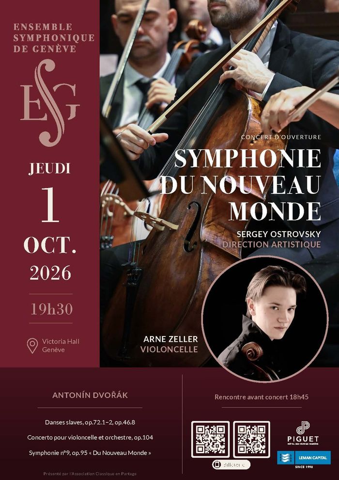 Affiche de concert: les pupitres des violoncelles de l’Ensemble Symphonique de Genève jouent avec passion, le jeune soliste de 19 ans Arne Zeller pose dans un encadré. Il est inscrit que le concert a lieu le 1er octobre à 19h30 au Victoria Hall, autour d’un programme dédié à Antonín Dvořák, notamment la «Symphonie du Nouveau Monde», les «Danses slaves» et le «Concerto pour violoncelle et orchestre» op. 104