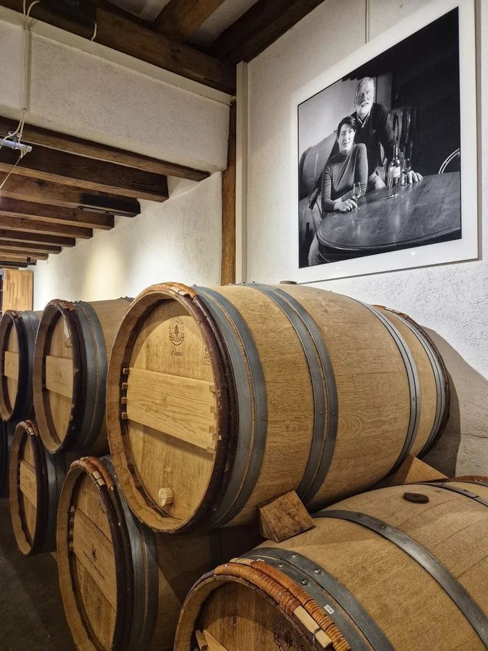 Les tonneaux de vin du domaine et la photo de la famille exploitante.