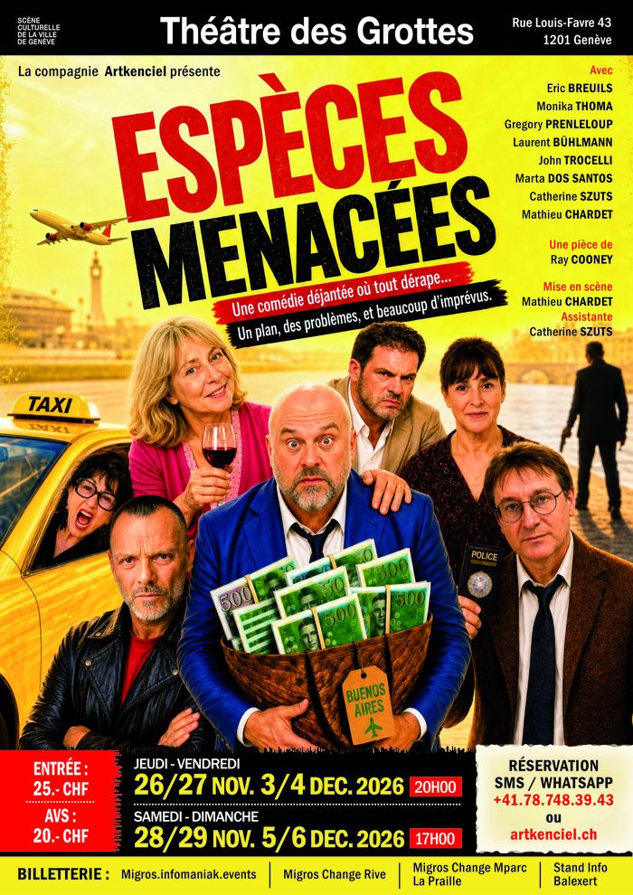 Un homme avec une serviette remplie d'argent, sa femme, un taxi, deux commissaire, un couple d'amis, un tueur sur fond jaune