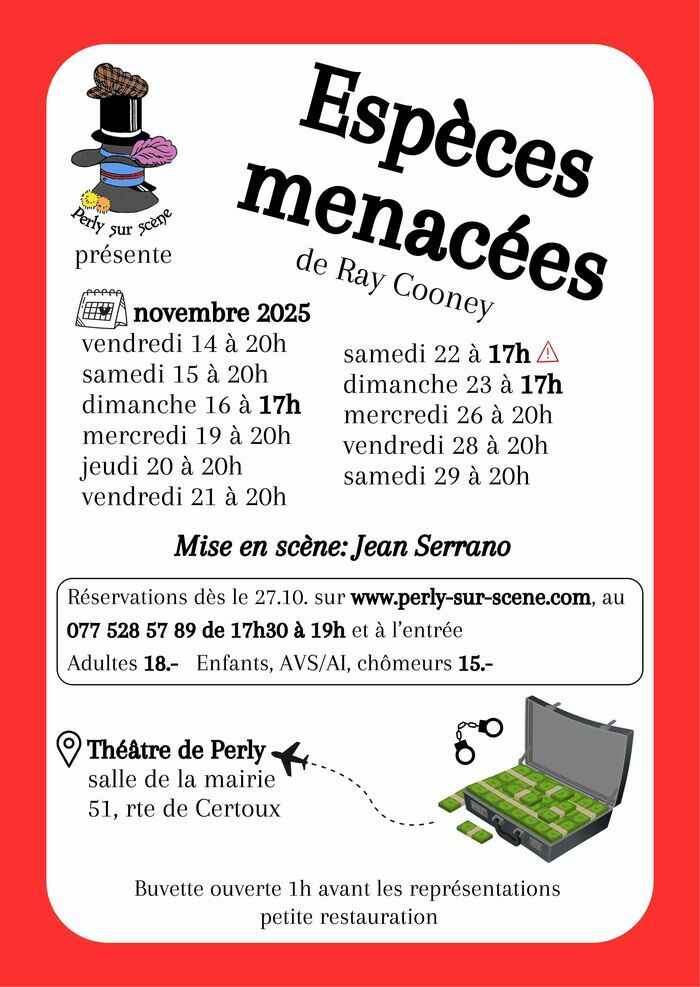 Perly-sur-scène Un affiche pour du théâtre: une mallette pleine d'argent, des menottes et un avion.