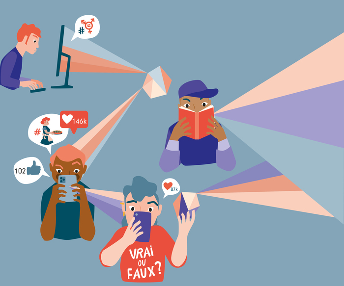 Illustration vectorielle de 4 personnes blanches et racisées, devant des écrans d'ordinateur, de téléphone, ou un livre. Des phylactères émergent des écrans avec des notifications et des hashtags