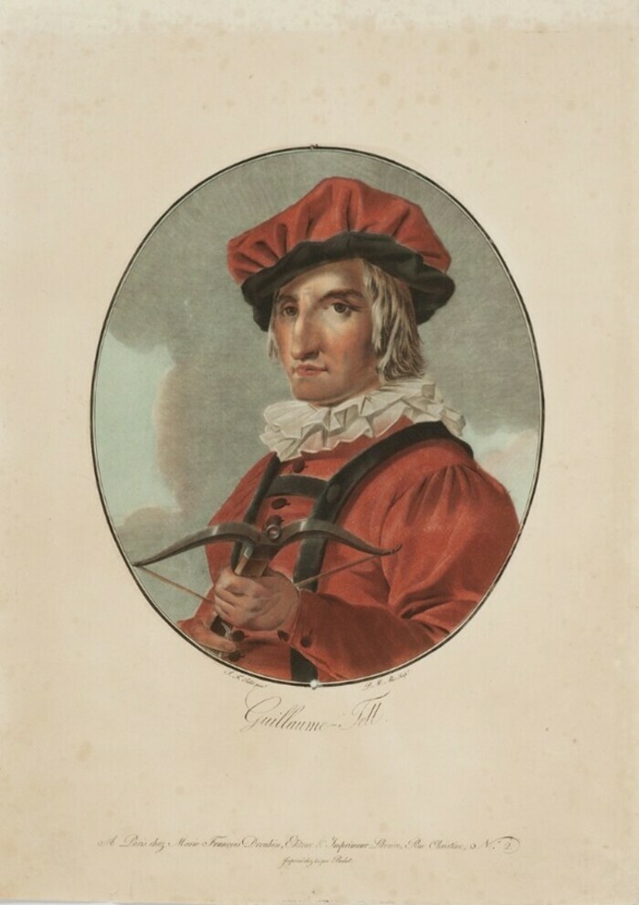 Homme vêtu de rouge avec une arbalète à la main