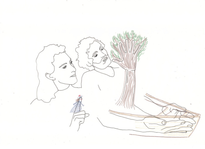 Dessin d'un arbre dont le tronc est une main et de deux mains formant le devant d'un bateau. Un homme et une femme se tiennent en arrière-plan. Il y a une marionnette sur un des doigts de la femme.