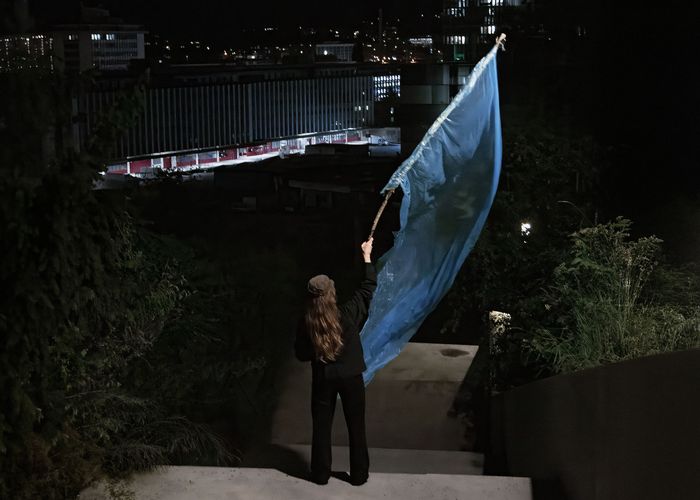 Eve Chariatte, NIGHT WALK, personne de dos brandissant un drapeau