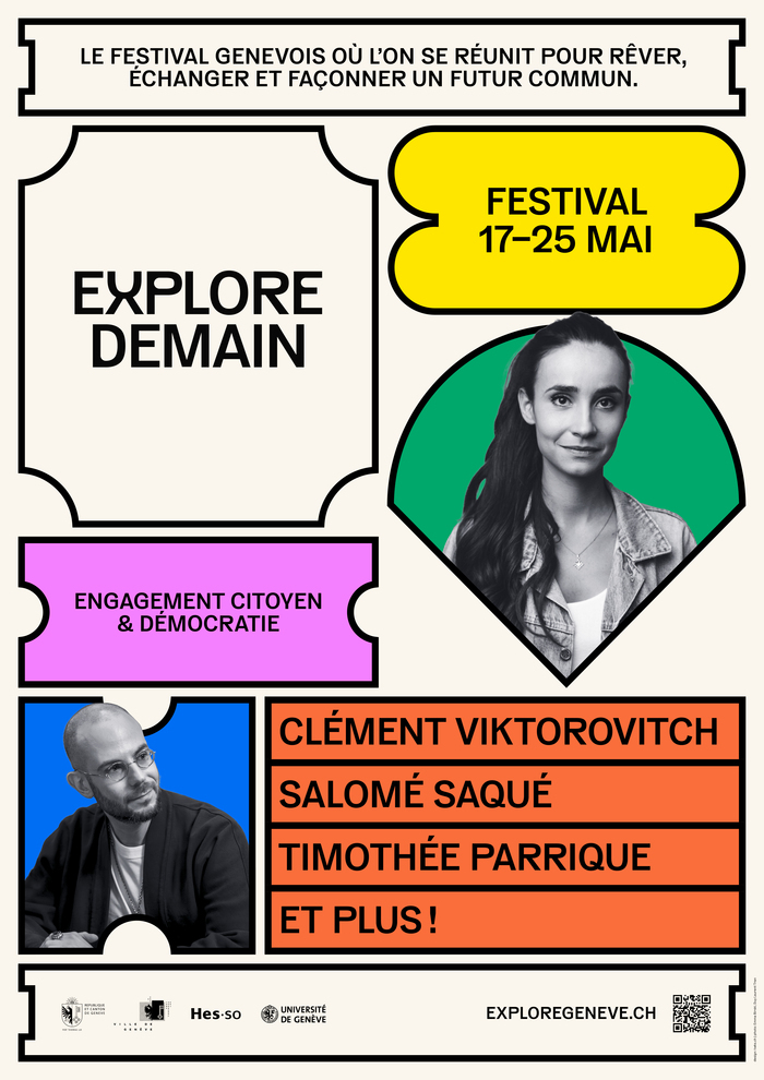 Explore Demain Affiche de l'édition 2025 d'Explore Demain, mettant notamment à l'honneur Salomé Saqué et Clément Viktorovitch