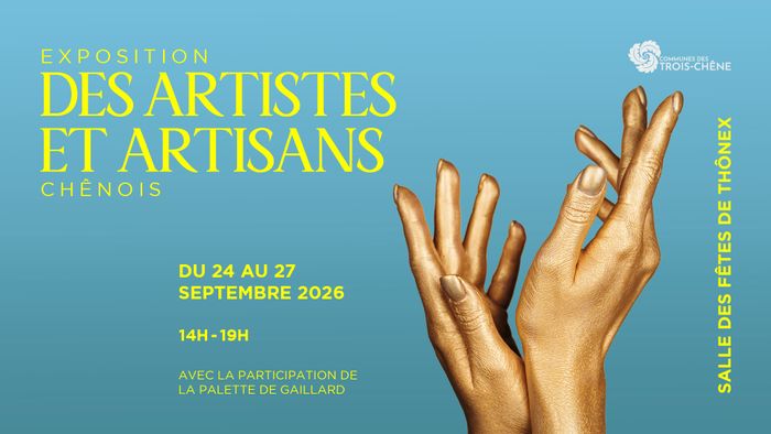 Sur fond bleu, une photo détourée de main dorée illustre le savoir-faire de chacun. Les informations de l'événement se trouvent sur la gauche du visuel