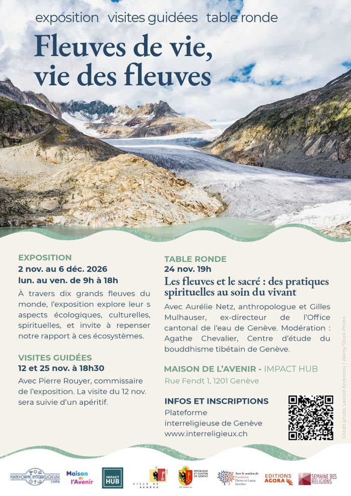 Affiche "Fleuve de vie, vie de fleuves" exposition, visites guidées et table ronde - Illustration: La hausse des températures moyennes annuelles dans les Alpes accélère la fonte des glaciers. Si la tendance se poursuit, les réserves d’eau que représentent le glacier du Rhône (photo) et d’autres dans l’arc alpin auront disparu à la fin du XXIe siècle.