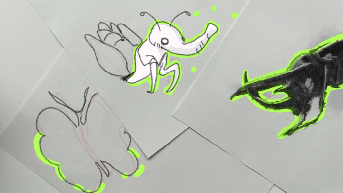 Illustrations d'insectes fluo sur feuilles de papier