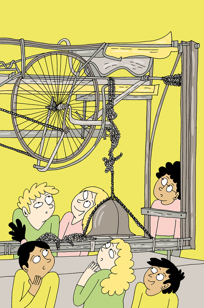 Illustration d'Adrienne Barman, enfants devant une machine de Tinguely
