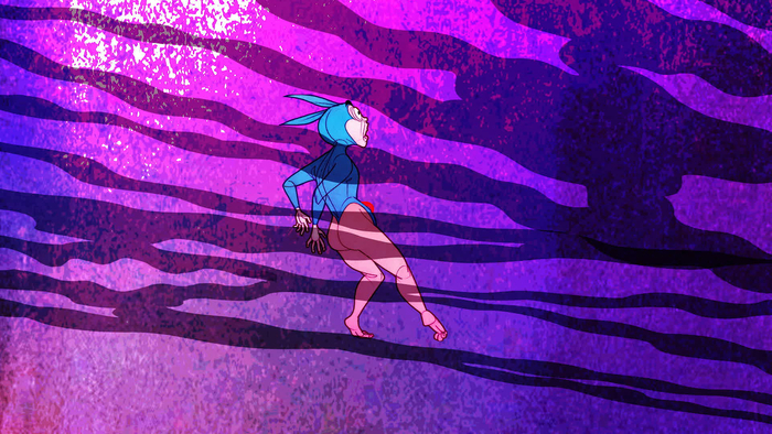 Dessin d'une créature mi humaine, mais avec des oreilles de lapin, sur fond violet