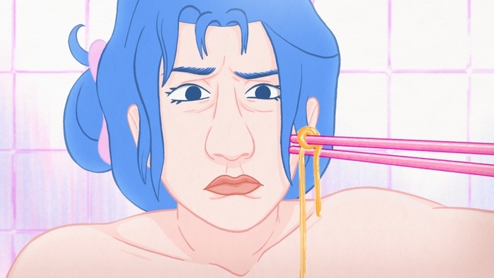 dessin d'une femme aux cheveux bleu