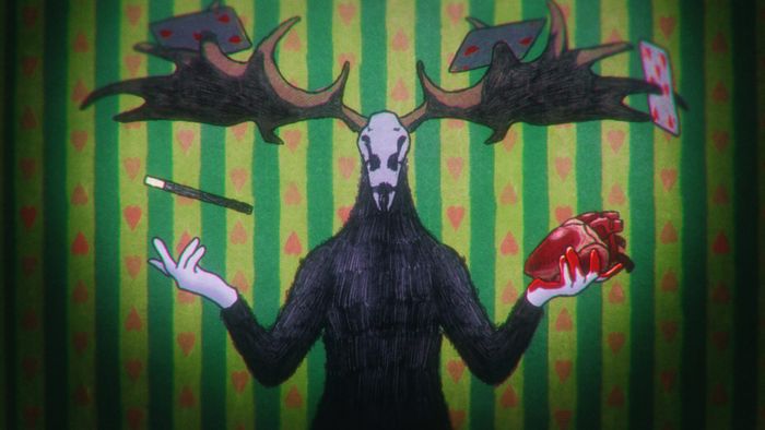 dessin d'un homme à la tête de cerf qui joue le magicien sinistre