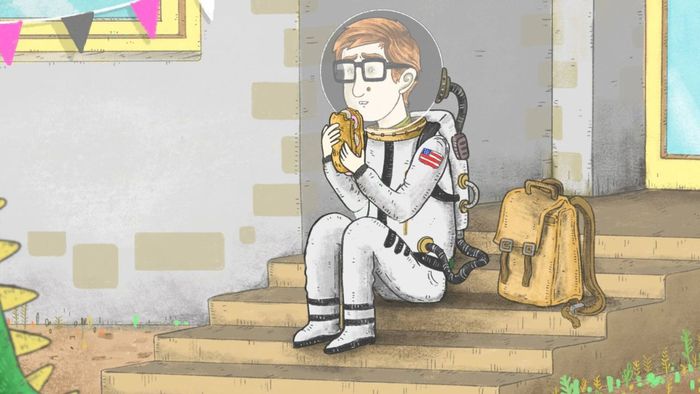 Dessin d'un garçon assis sur des escaliers devant une entrée, habillé en astronaute et mangeant un sandwich