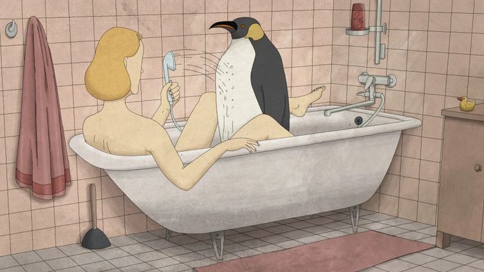 Dessin d'un femme dans une baignore en compagnie d'un pingouin