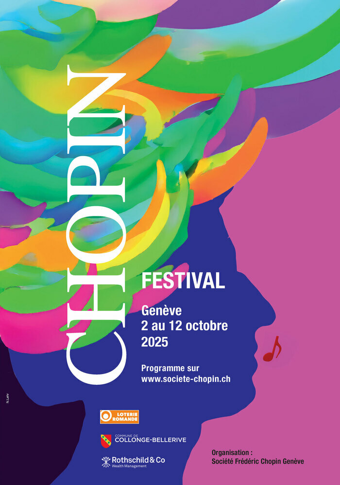 N.Lehr L'image est une affiche colorée pour le Festival Chopin 2025. Le fond présente des éclats de couleurs vives dans des teintes de vert, bleu, rose et orange, formant des formes abstraites. Le mot "CHOPIN" est écrit en lettres blanches, bien visibles sur la partie gauche. À droite, on peut voir le texte "Festival" ainsi que les dates et le lieu, "Genève, 2 au 12 octobre 2025". Un petit logo de la société organisatrice "Société Frédéric Chopin Genève" est également visible. Le visage de Chopin en…