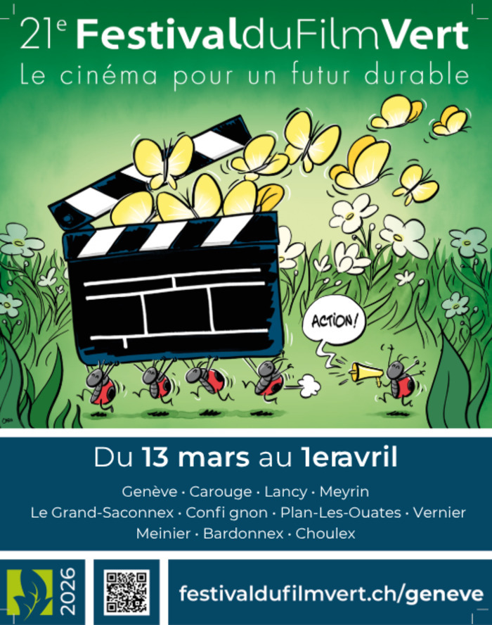 Affiche joyeuse et écolo du 21e Festival du Film Vert 2026 : fond vert, claquette de cinéma noire d'où s'envolent des papillons jaunes, herbe avec fleurs et fourmis rouges cartoon (l'une crie « ACTION ! » avec mégaphone). Ambiance ludique, poétique et mobilisatrice : petites fourmis organisent un grand cinéma pour la planète.