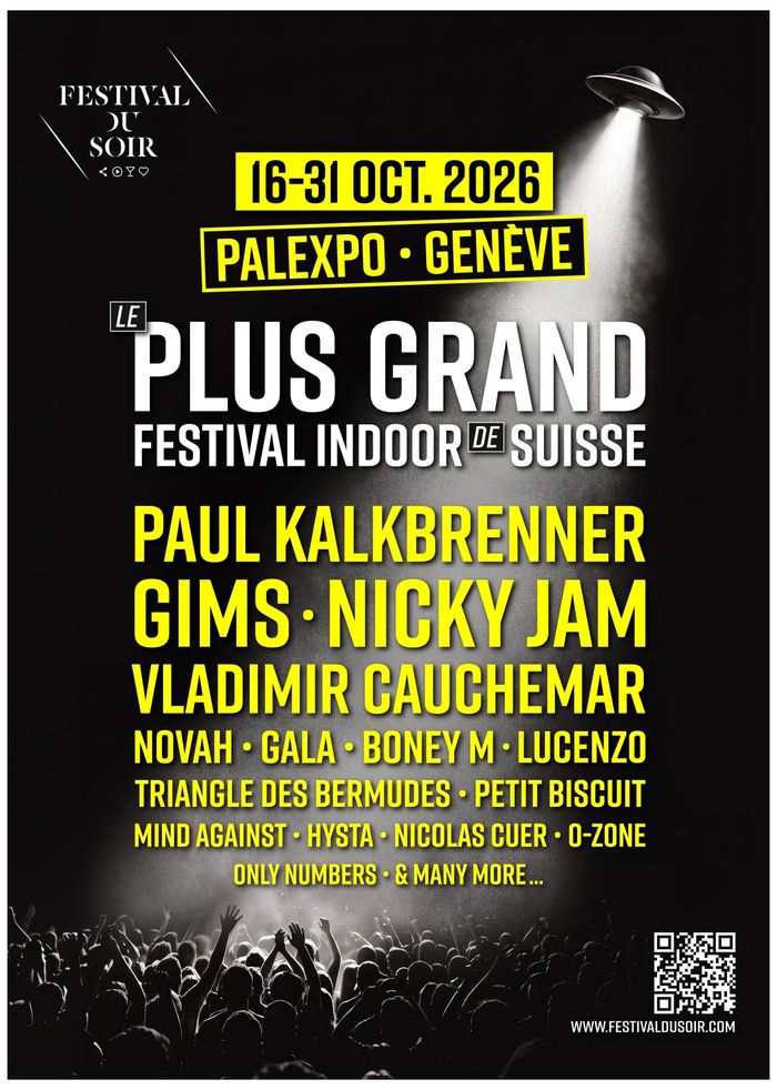 Affiche du Festival du Soir 2026 à Palexpo Genève, du 16 au 31 octobre, présentant les principaux artistes de la programmation sur fond noir et jaune.