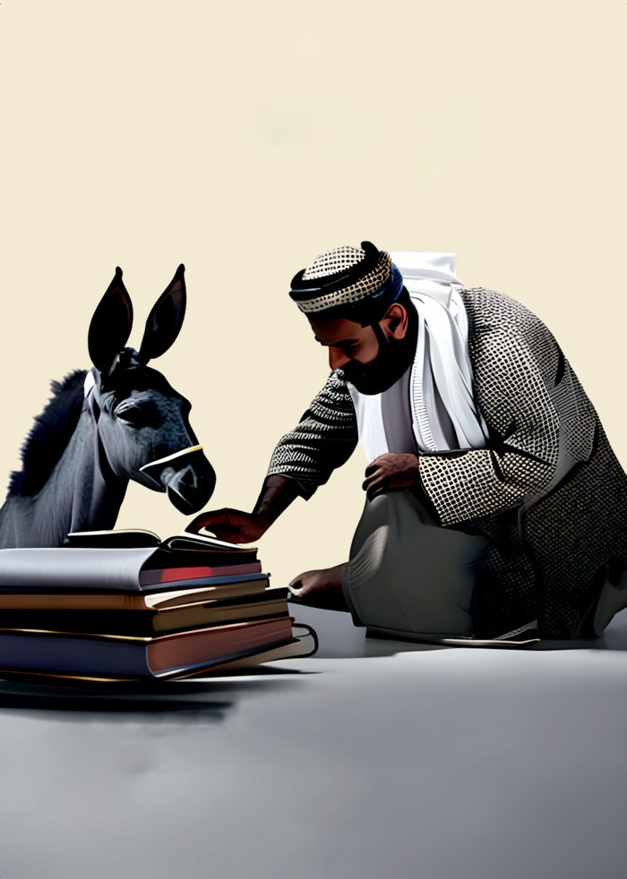 DR Un homme en habits de type moyen-oriental se penche vers une pile de livre. Un âne regarde aussi les livres.