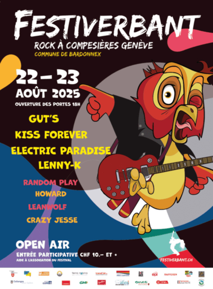 DR C'est l'affiche du festival Festiverbant. On peut y retrouver les informations pratiques telles que la date et le lieu. On retrouve également les noms des artistes sur la partie gauche de l'affiche. Sur la partie droite, on voit un hibou portant une veste noire et tenant une guitare électrique. Enfin, en bas de l'affiche, figurent le nom de l'organisateur ainsi que les partenaires de l'événement.