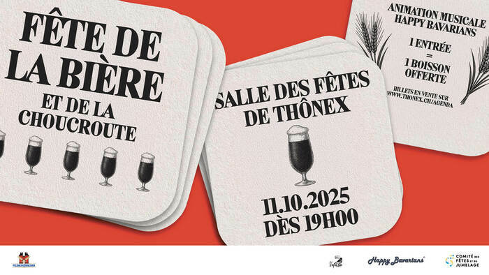 sur fond rouge, on y retrouve des dessous de verre avec les informations de la soirée inscrites dessus