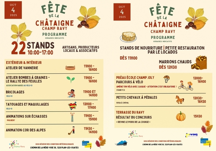 l'affiche illustre et magnifie la Châtaigne et des animations vannerie, bricolages, tatouages, maquillages, animations sur échasses et cor des Alpes