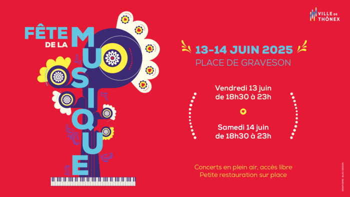 Sur fond rouge, il y a les informations de l'évènement sur la droite ainsi qu'un visuel sur la gauche avec des formes et des couleurs représentant une note de musique