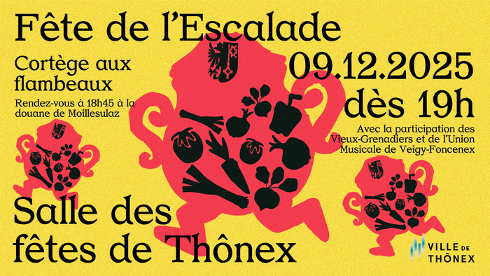 Sur fond jaune, on retrouve 3 marmites avec des éléments de l'événement dans les marmites. Les informations se trouvent tout autour.