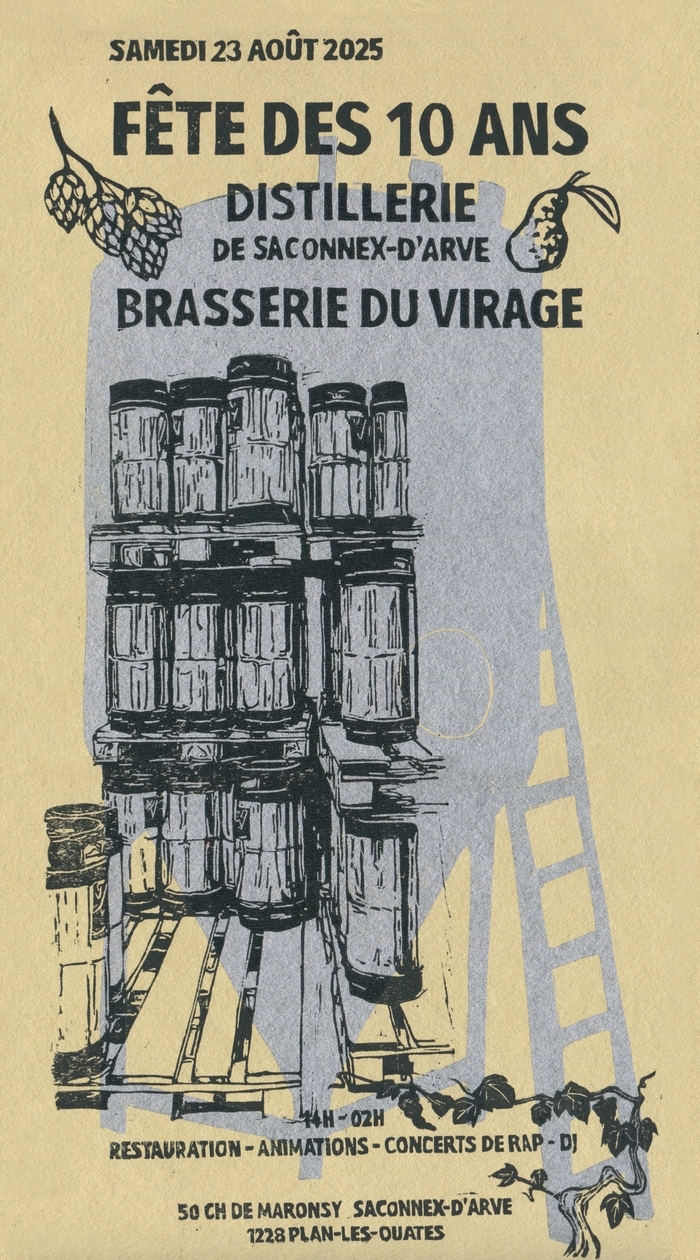 Affiche d'annonce des 10 ans de la Brasserie du Virage - 23 août 2025, 14h-02h - Restauration, animations, Concerts de rap et DJs