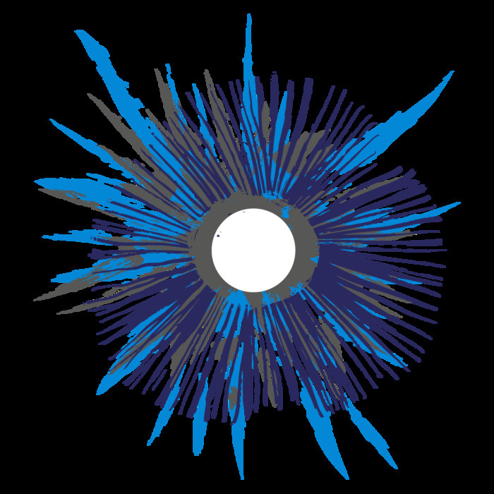 Dessin graphique représentant une fleur noire et bleue sur fond gris.