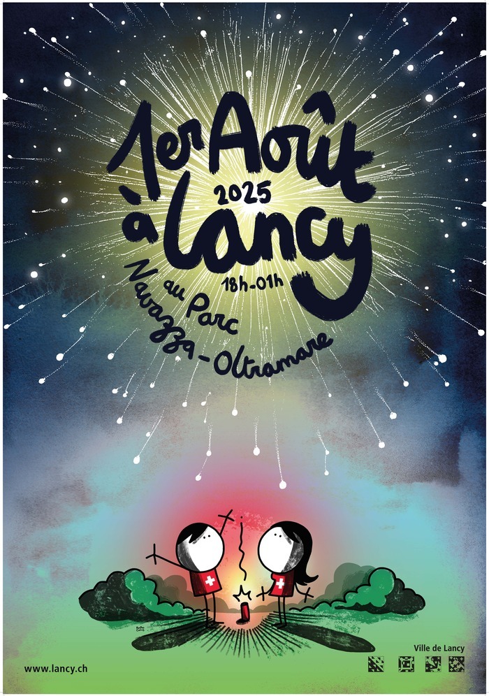 Deux bonhommes qui portent un t-shirt avec la croix Suisse. Il y a un feu d'artifice entre eux qui explosent et dans l'explosion c'est marqué "1e août 2025 à Lancy de 18h à 1h au parc Navazza-Oltramare"