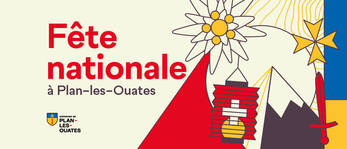 Affiche du 1er août : montagne, lampion, edelweiss, armoiries de Plan-les-Ouates