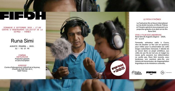 les informations se trouvent sur la gauche et la droite du visuel, avec au centre, une photo des 2 protagonistes du film avec des casques sur les oreilles et un micro d'enregistrement