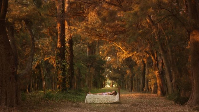 Une femme est couchée sur un lit, au milieu d'une forêt.