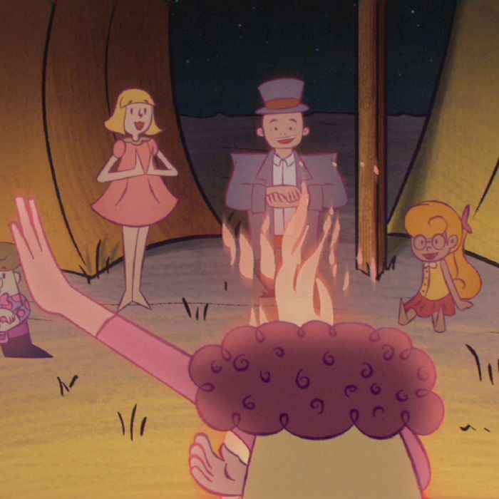 Une image en couleur de film d'animation qui représente trois personnages, deux jeunes filles et un Monsieur au centre de l'image avec un chapeau haut-de-forme