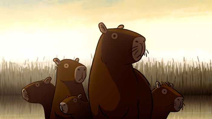 Fija image de film d'animation qui représente une famille de capybaras, espèce de rongeurs qui vivent en Amérique du Sud