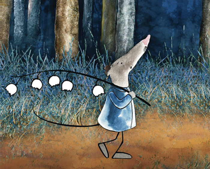 Dessin du film d'animation avec une souris qui se promène avec une tige de fleur de muguet