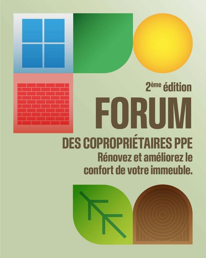 Des icônes stylisées de manière très géométriques représentants un soleil, un rondin de bois, une feuille d'arbre, un mur de brique, une fenêtre et une forme verte. Le titre de l'évènement et le chapeau qui le décrit se situent au milieu de ces formes, décentrés à droite.