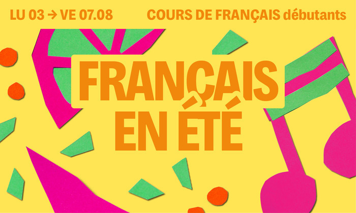 Sur fond jaune on retrouve des motifs colorés et le titre écrit en orange