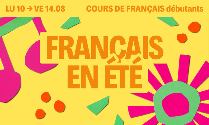 Sur fond jaune on retrouve des motifs colorés et le titre écrit en orange