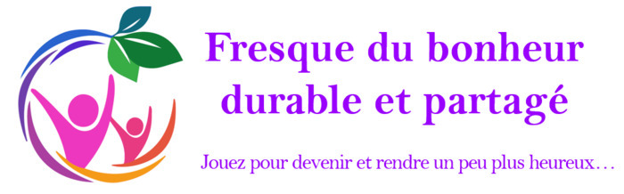 Logo et titre de la Fresque du bonheur durable et partagé. Couleurs rose bleue et vertes. inscription au dessous: "Jouez pour devenir et rendre un peu plus heureux"
