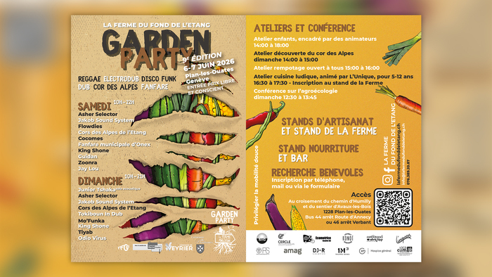 Affiche de la Garden Party 2026 avec un fond beige illustré de légumes colorés. Le programme présente concerts, ateliers, conférences, animations pour enfants, stands d’artisanat, nourriture et bar. L’événement a lieu les 6 et 7 juin 2026 à Plan-les-Ouates, Genève.