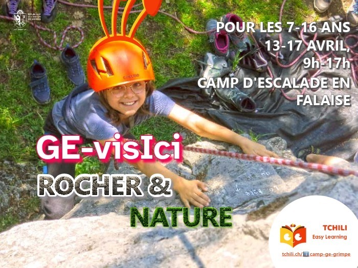 Illustration Participante du programme GE-visIci grimpant en falaise pendant un camp Tchili Easy Learning