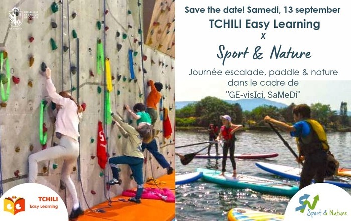 p1 du flyer représentant des enfants et jeunes qui grimpent et qui font du stand up paddle